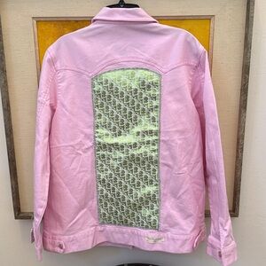 Designer Inspired Pink Denim Jacket Painted Sequins Flowers sz XL
